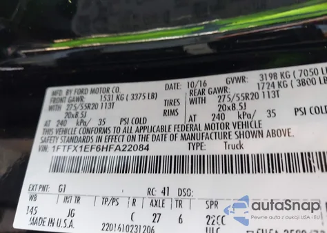 2017 Ford F-150 Xl z USA, uszkodzony, nr VIN 1FTFX1EF6HFA22084